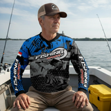 Angler in blue jersey with Bass Legends hat