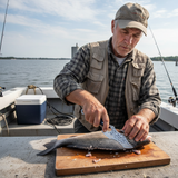 Older angler using knife on cutting board